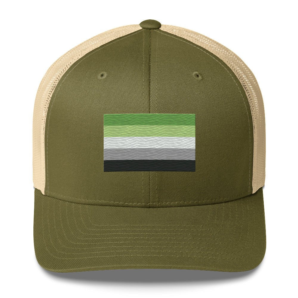 Aromantic Pride Flag Trucker Hat - Moss/ Khaki - LGBTPride.com