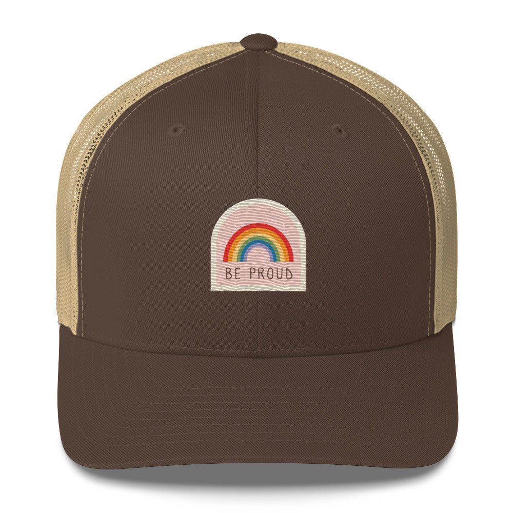 Be Proud Trucker Hat - Brown/ Khaki - LGBTPride.com