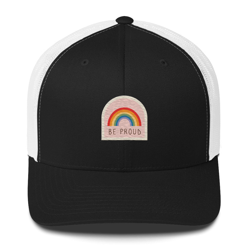 Be Proud Trucker Hat - Black/ White - LGBTPride.com