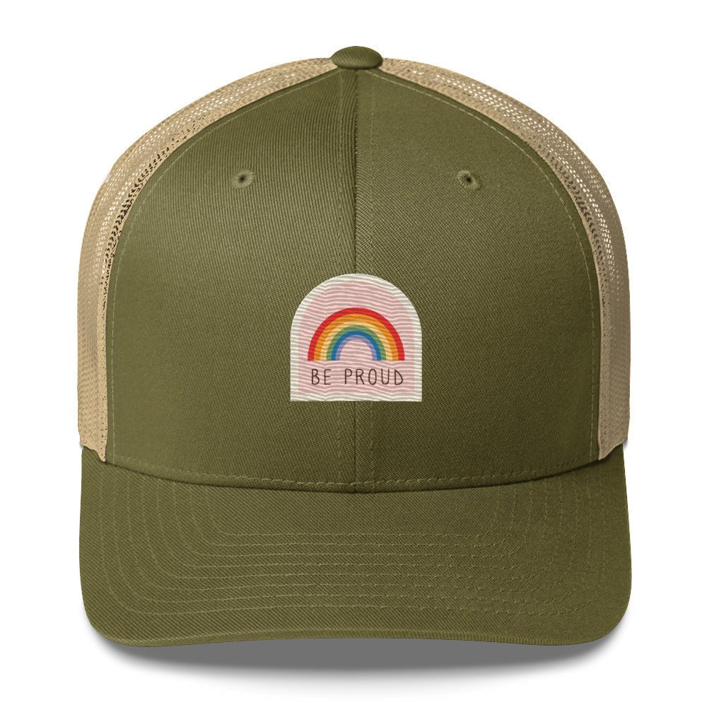 Be Proud Trucker Hat - Moss/ Khaki - LGBTPride.com