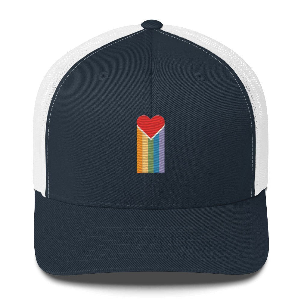 Bleeding Rainbow Heart Trucker Hat - Navy/ White - LGBTPride.com