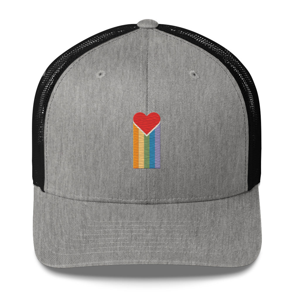 Bleeding Rainbow Heart Trucker Hat - Heather/ Black - LGBTPride.com