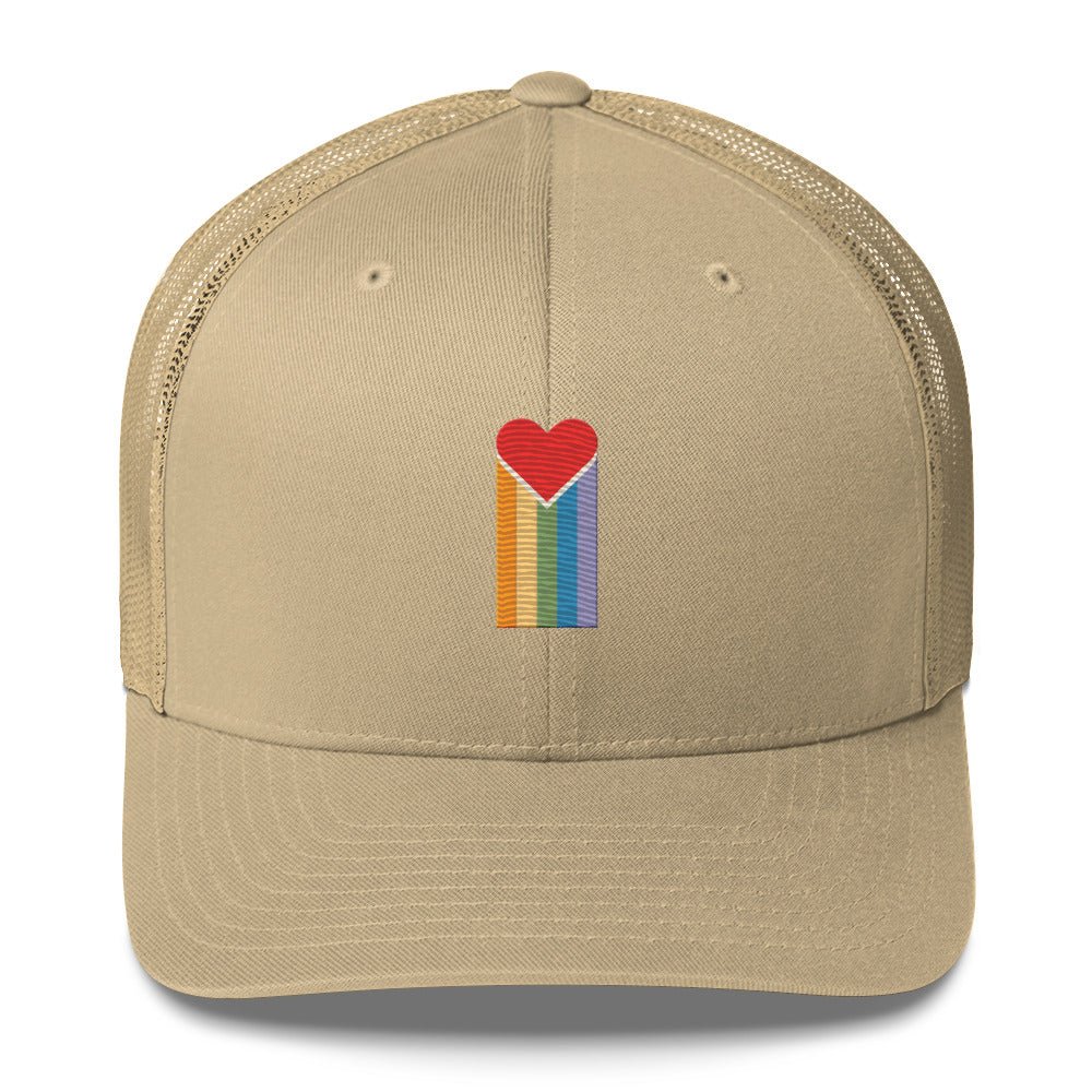 Bleeding Rainbow Heart Trucker Hat - Khaki - LGBTPride.com