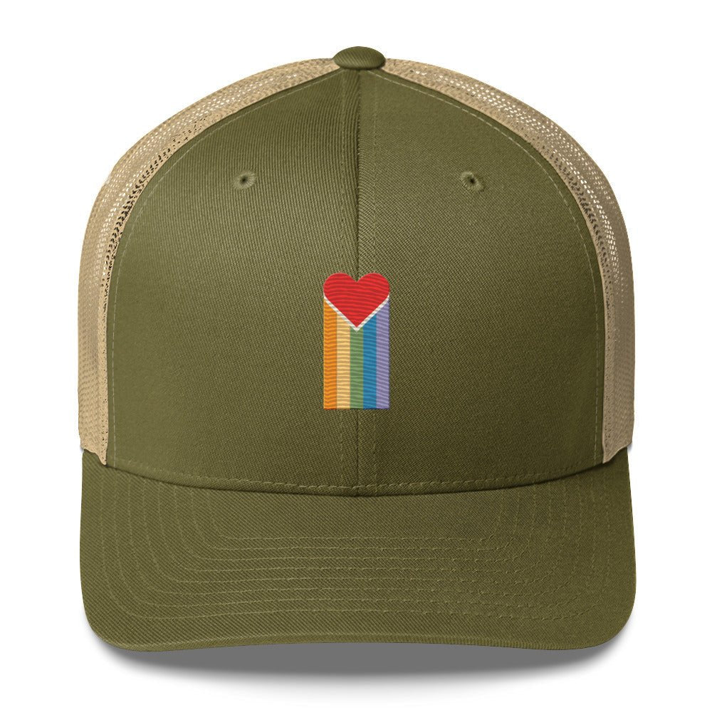 Bleeding Rainbow Heart Trucker Hat - Moss/ Khaki - LGBTPride.com