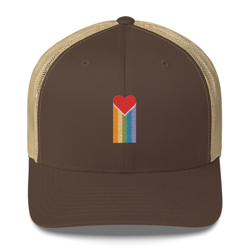 Bleeding Rainbow Heart Trucker Hat - Brown/ Khaki - LGBTPride.com
