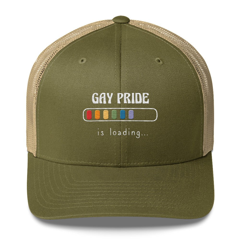 Gay Pride Loading Trucker Hat - Moss/ Khaki - LGBTPride.com
