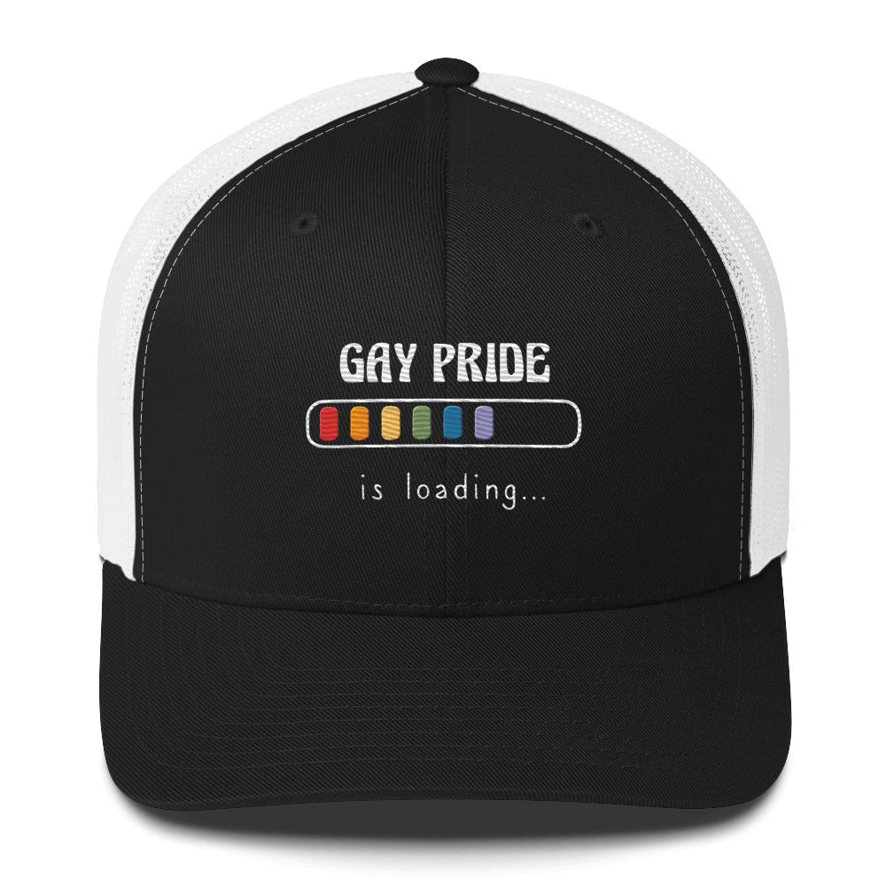 Gay Pride Loading Trucker Hat - Black/ White - LGBTPride.com