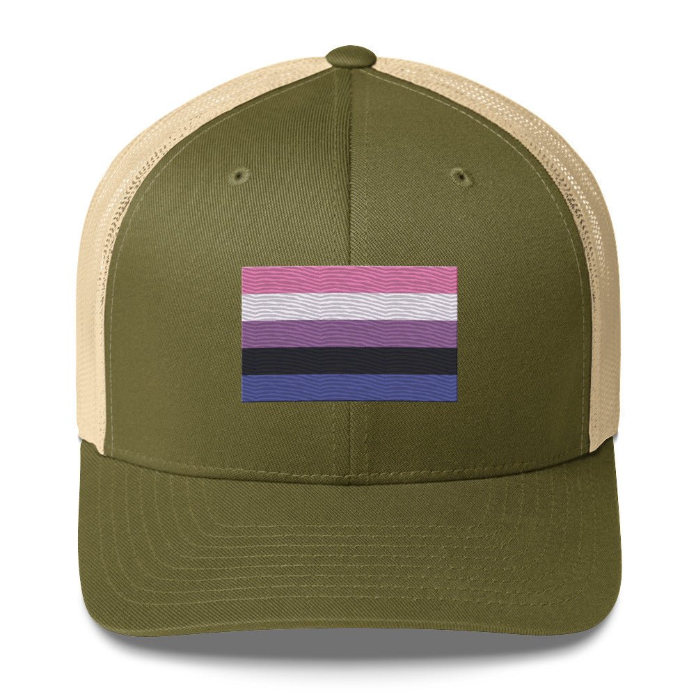 Genderfluid Pride Flag Trucker Hat - Moss/ Khaki - LGBTPride.com
