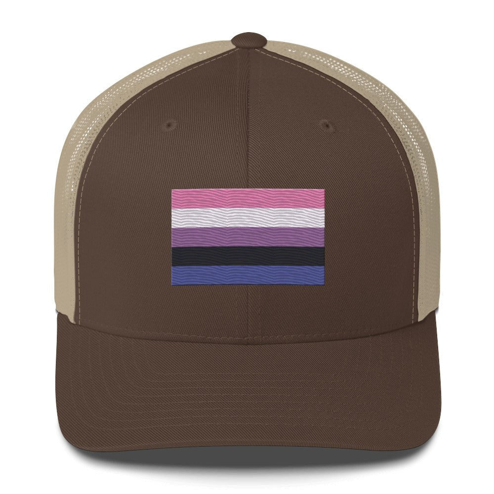 Genderfluid Pride Flag Trucker Hat - Brown/ Khaki - LGBTPride.com