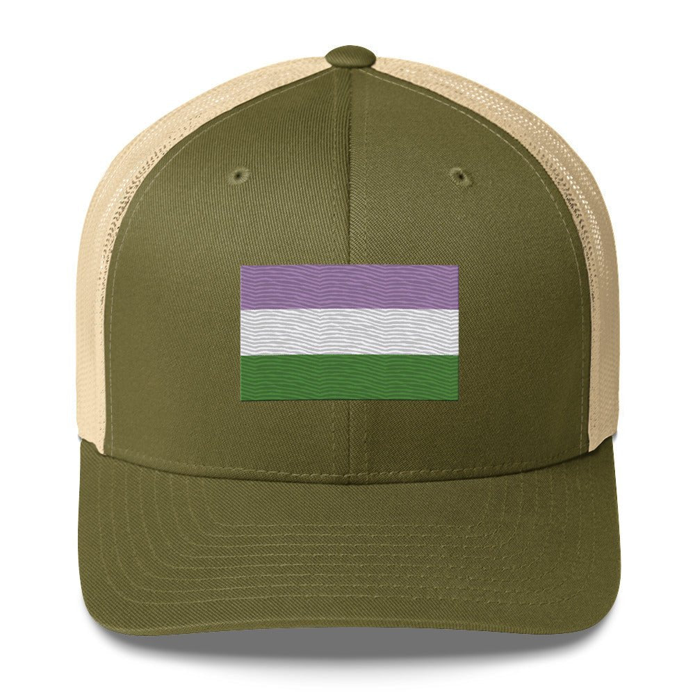 Genderqueer Pride Flag Trucker Hat - Moss/ Khaki - LGBTPride.com