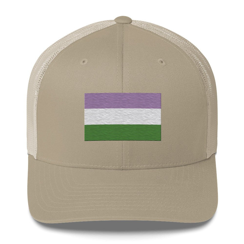 Genderqueer Pride Flag Trucker Hat - Khaki - LGBTPride.com