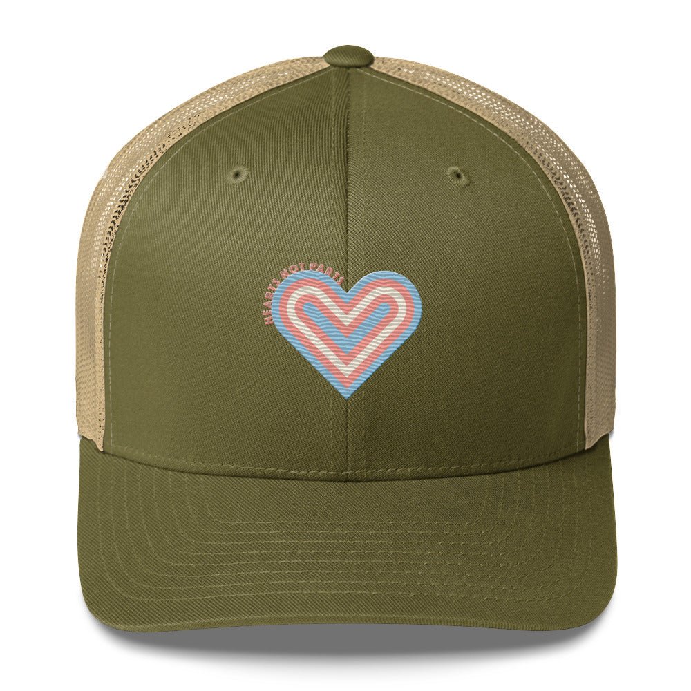 Hearts Not Parts Trucker Cap - Moss/ Khaki - LGBTPride.com