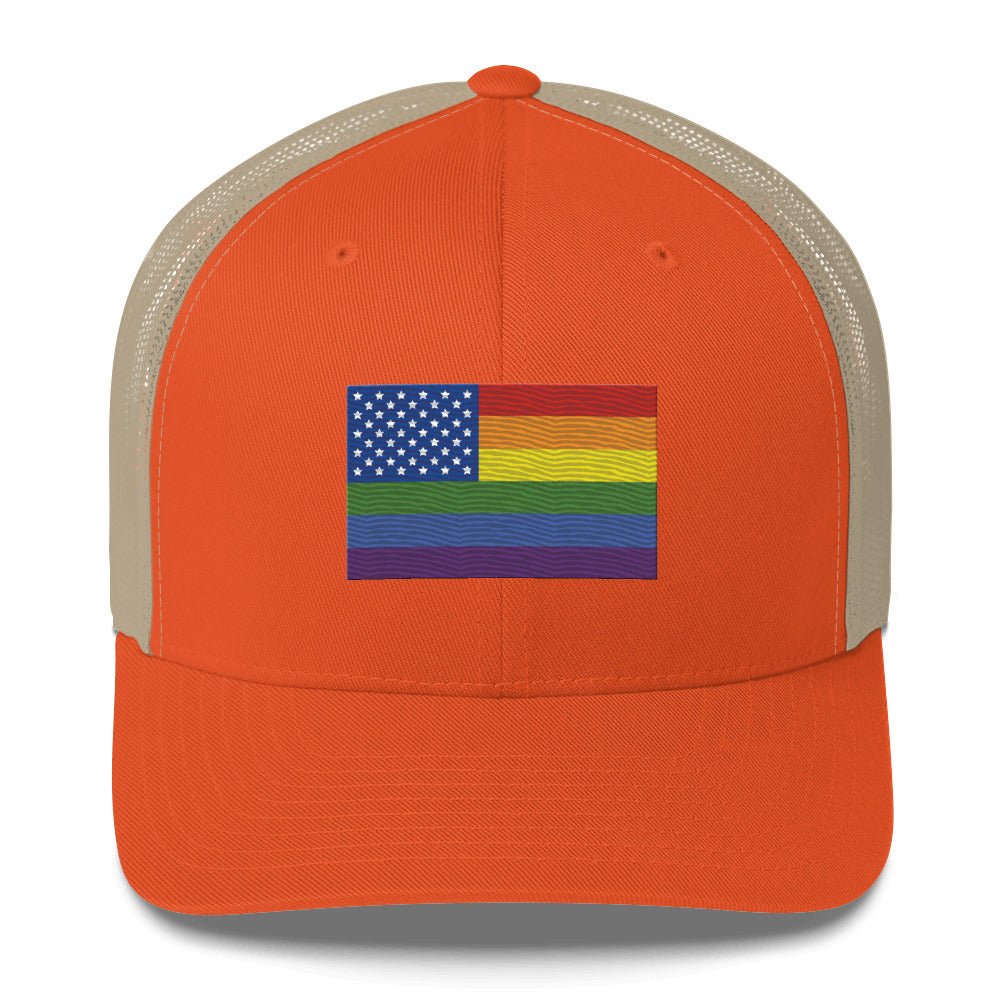 LGBT USA Pride Flag Trucker Hat - Rustic Orange/ Khaki - LGBTPride.com