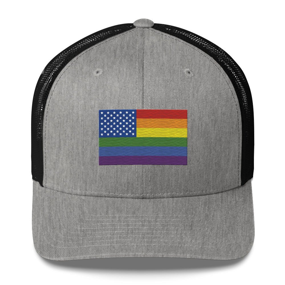 LGBT USA Pride Flag Trucker Hat - Heather/ Black - LGBTPride.com