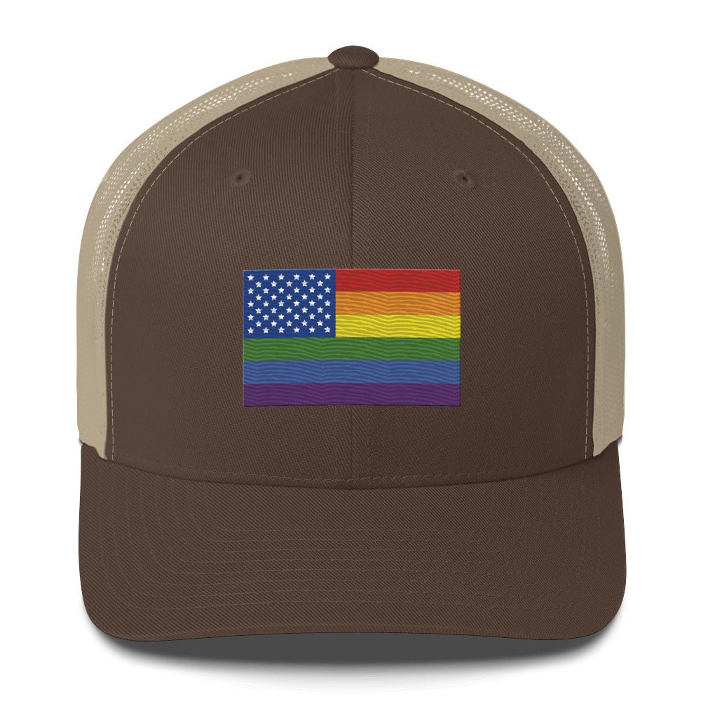 LGBT USA Pride Flag Trucker Hat - Brown/ Khaki - LGBTPride.com