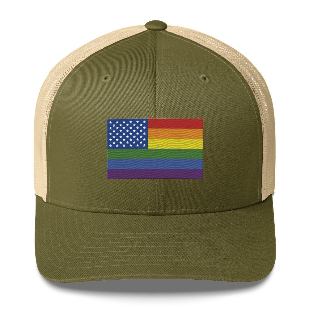 LGBT USA Pride Flag Trucker Hat - Moss/ Khaki - LGBTPride.com