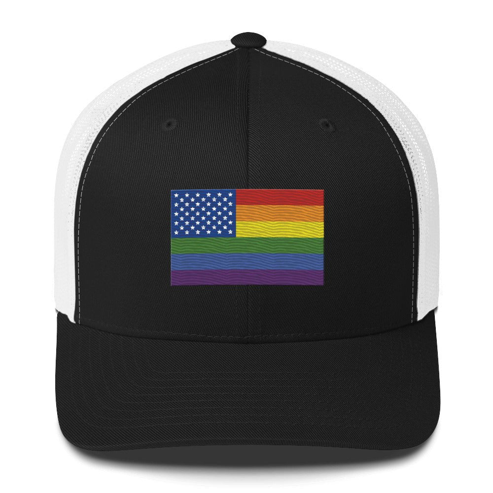 LGBT USA Pride Flag Trucker Hat - Black/ White - LGBTPride.com