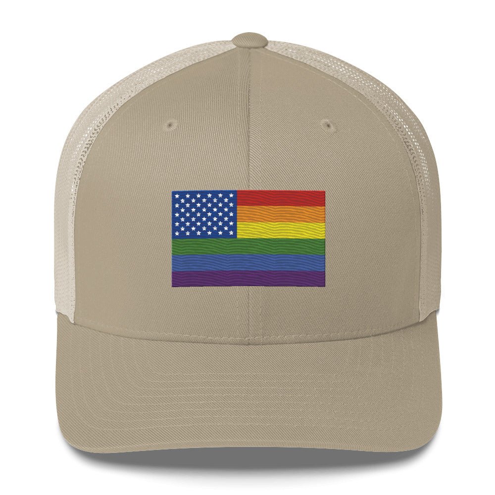 LGBT USA Pride Flag Trucker Hat - Khaki - LGBTPride.com
