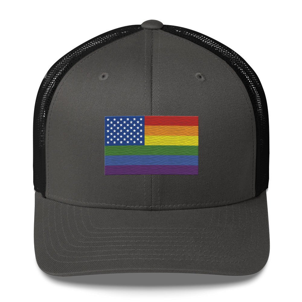 LGBT USA Pride Flag Trucker Hat - Charcoal/ Black - LGBTPride.com