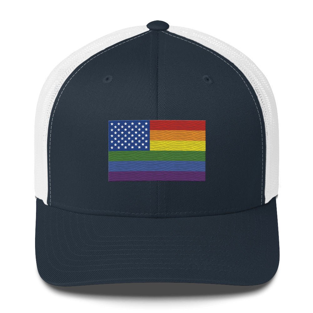 LGBT USA Pride Flag Trucker Hat - Navy/ White - LGBTPride.com