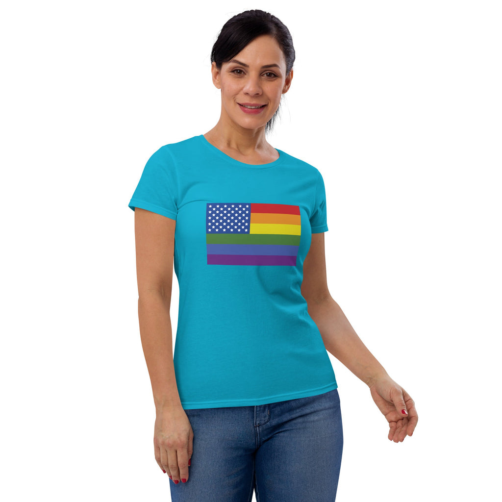 LGBT USA Pride Flag Women's T-Shirt - Caribbean Blue - LGBTPride.com