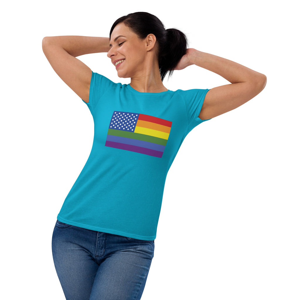 LGBT USA Pride Flag Women's T-Shirt - Caribbean Blue - LGBTPride.com