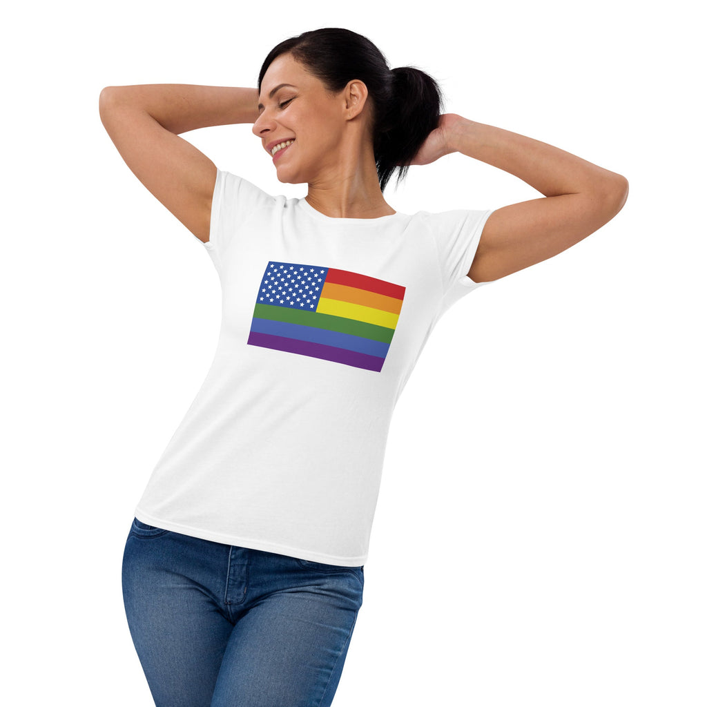 LGBT USA Pride Flag Women's T-Shirt - Charity Pink - LGBTPride.com