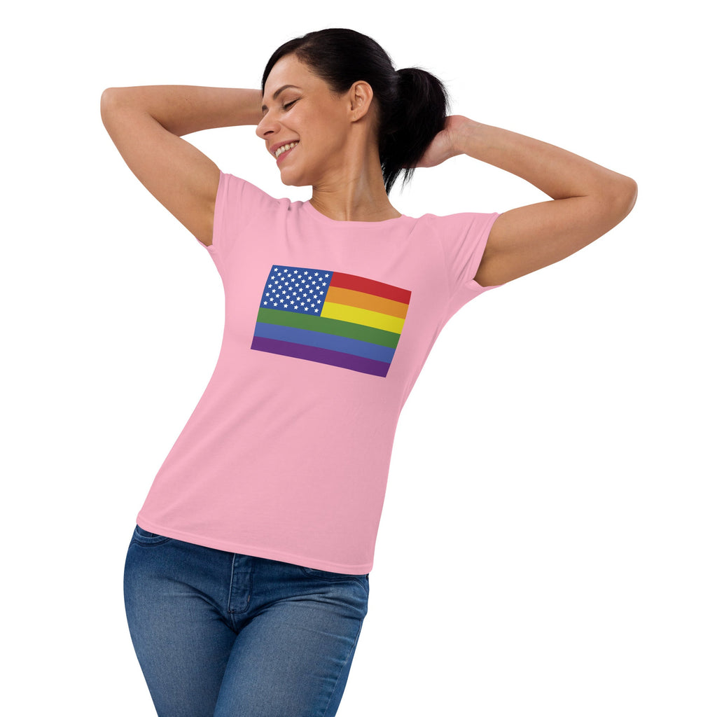 LGBT USA Pride Flag Women's T-Shirt - Charity Pink - LGBTPride.com