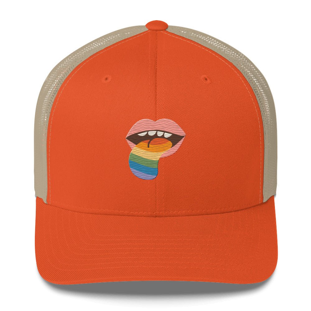 Mouthful of Pride Trucker Hat - Rustic Orange/ Khaki - LGBTPride.com