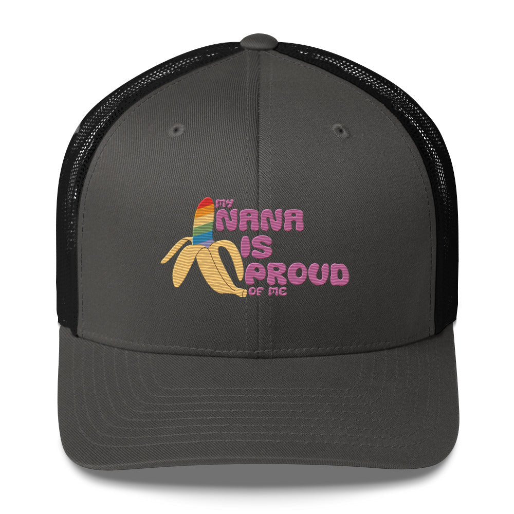 My Nana is Proud of Me Trucker Hat - Charcoal/ Black - LGBTPride.com
