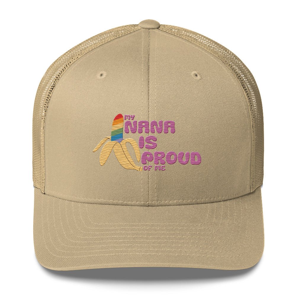 My Nana is Proud of Me Trucker Hat - Khaki - LGBTPride.com