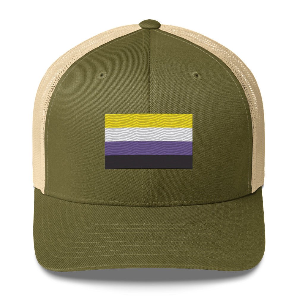 Nonbinary Pride Flag Trucker Hat - Moss/ Khaki - LGBTPride.com