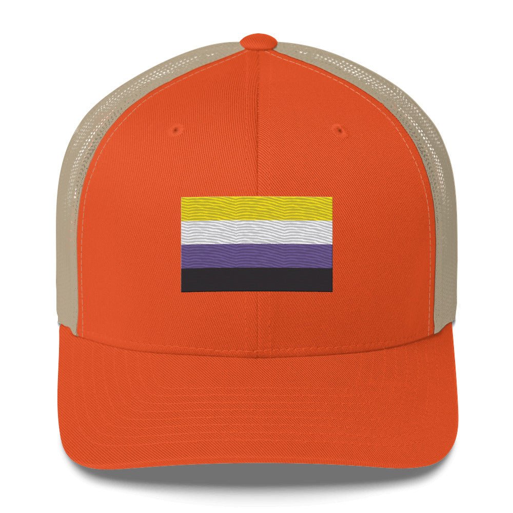 Nonbinary Pride Flag Trucker Hat - Rustic Orange/ Khaki - LGBTPride.com