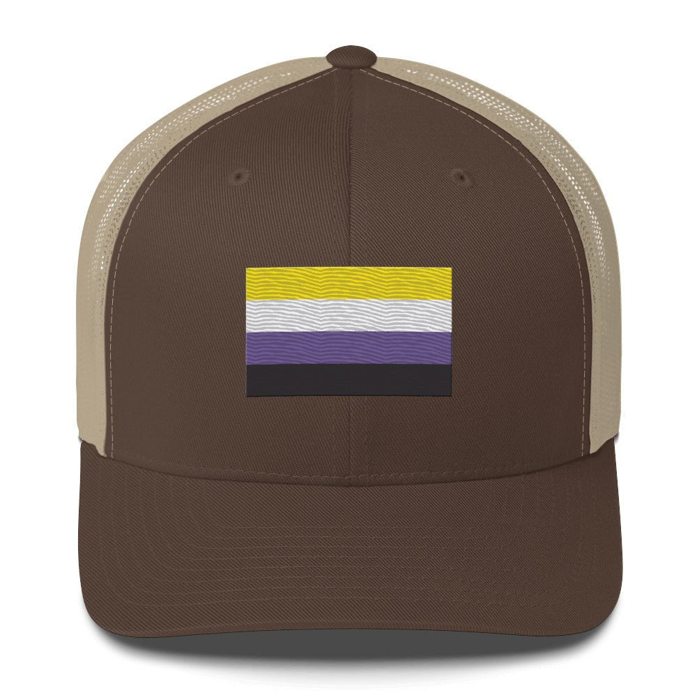 Nonbinary Pride Flag Trucker Hat - Brown/ Khaki - LGBTPride.com