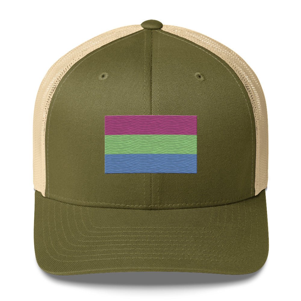 Polysexual Pride Flag Trucker Hat - Moss/ Khaki - LGBTPride.com