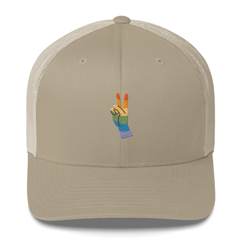Pride & Peace Sign Trucker Hat - Khaki - LGBTPride.com