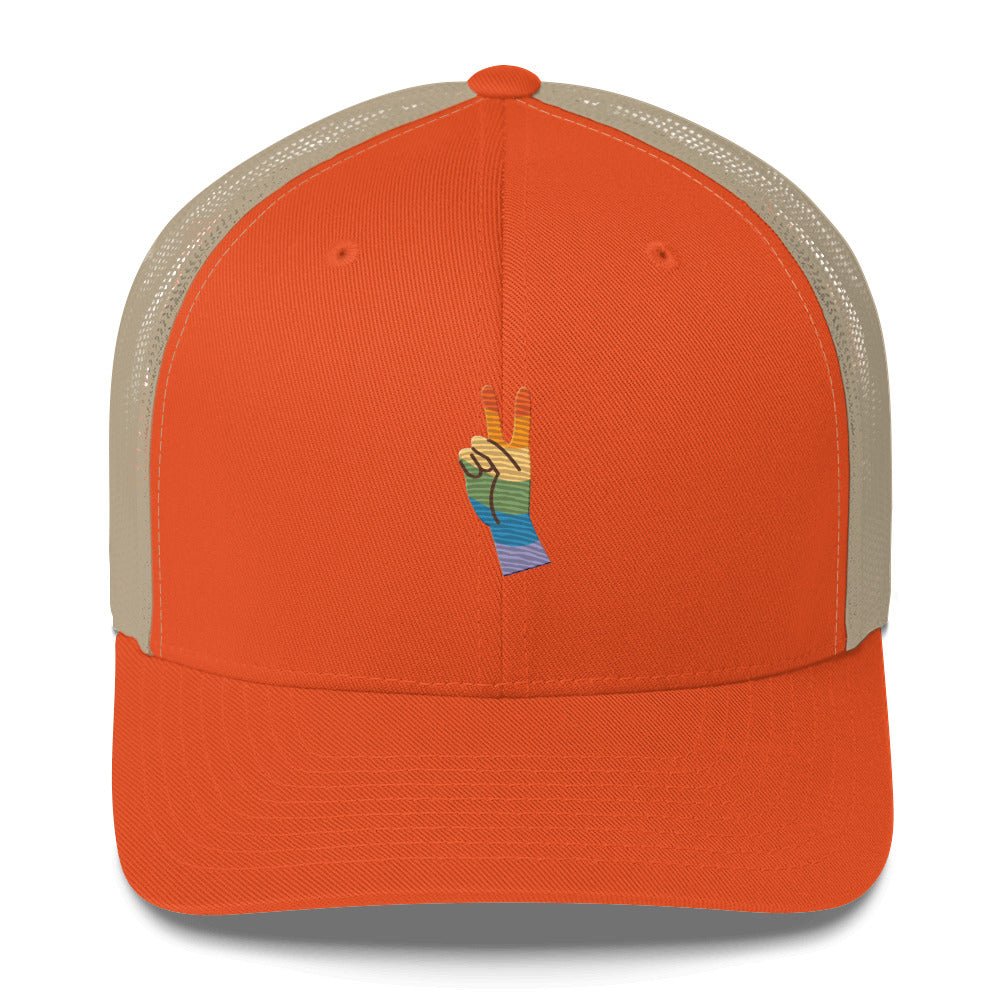 Pride & Peace Sign Trucker Hat - Rustic Orange/ Khaki - LGBTPride.com