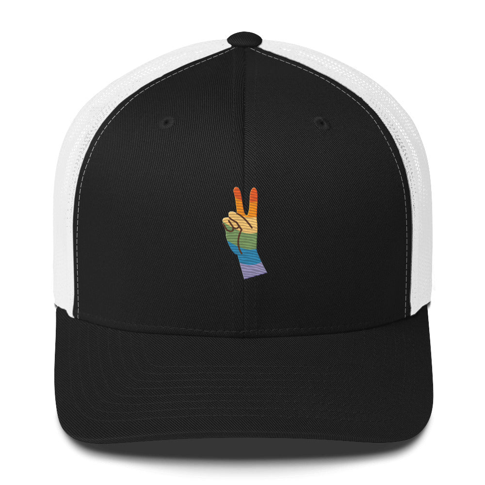 Pride & Peace Sign Trucker Hat - Black/ White - LGBTPride.com