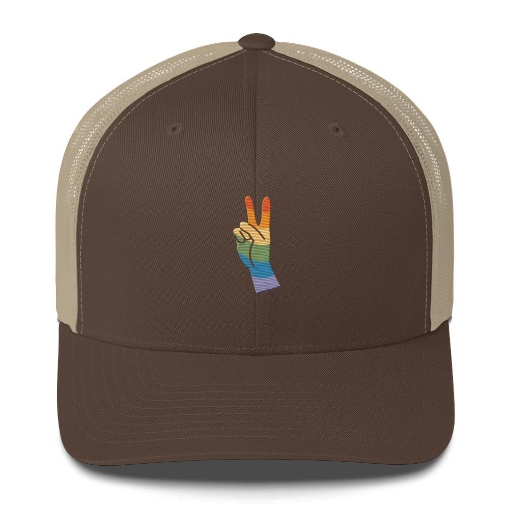 Pride & Peace Sign Trucker Hat - Brown/ Khaki - LGBTPride.com