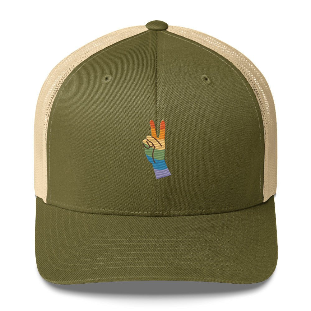 Pride & Peace Sign Trucker Hat - Moss/ Khaki - LGBTPride.com