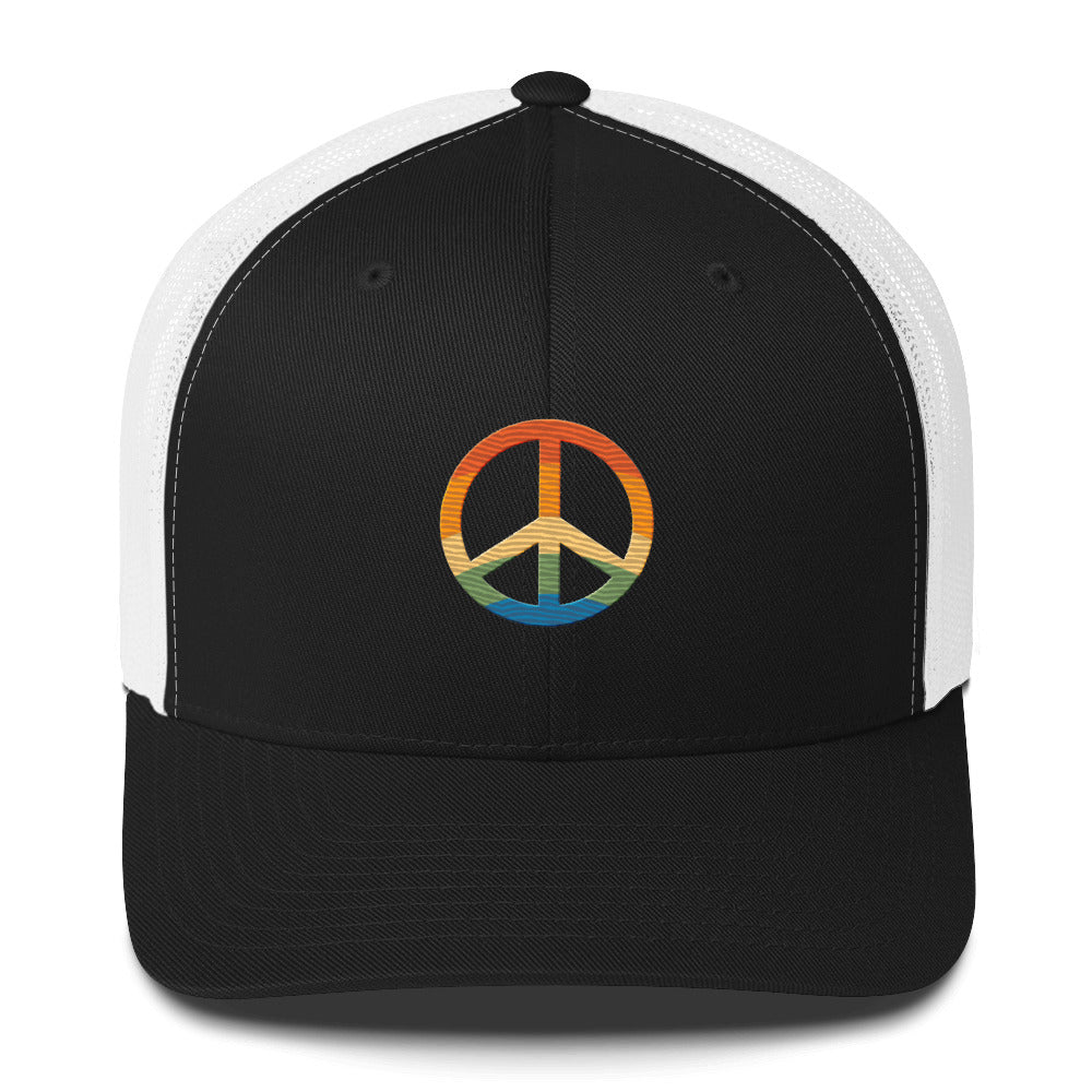 Pride & Peace Symbol Trucker Hat - Black/ White - LGBTPride.com