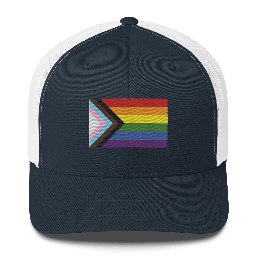 Progress Pride Flag Trucker Hat - Navy/ White - LGBTPride.com