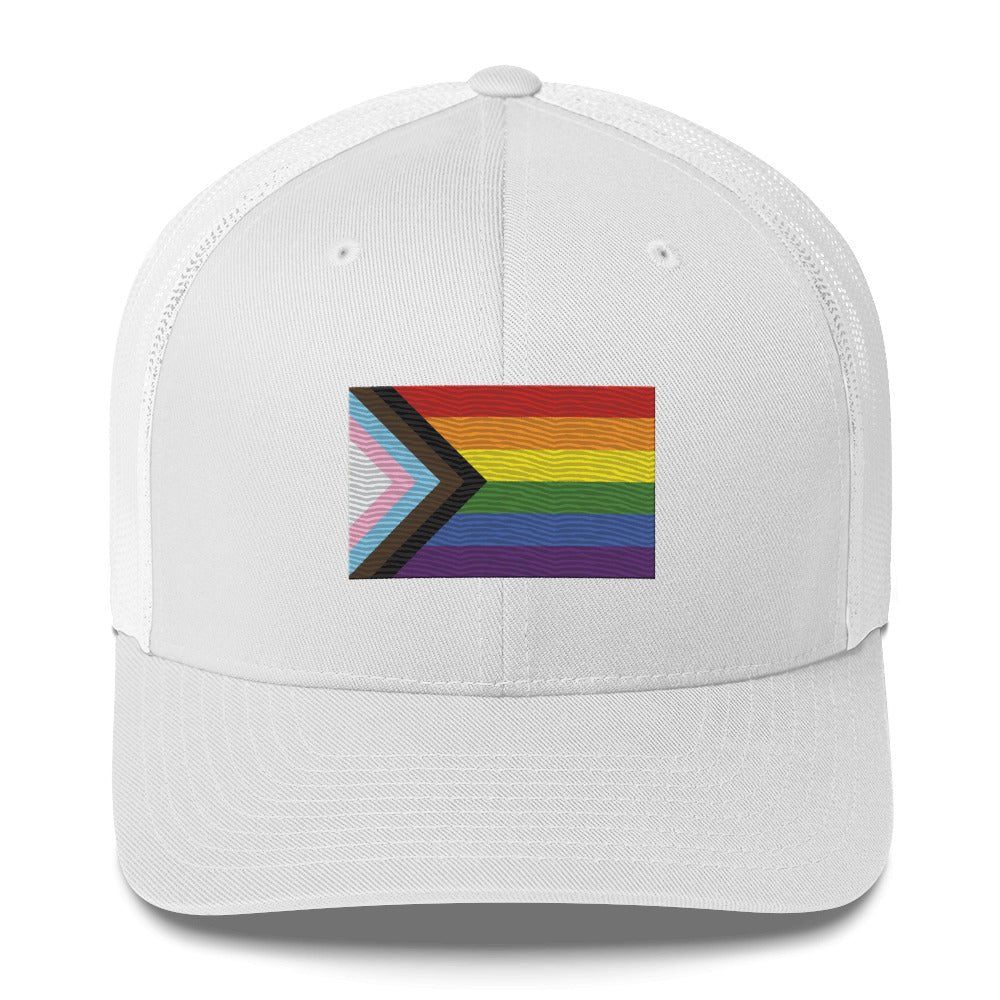 Progress Pride Flag Trucker Hat - White - LGBTPride.com