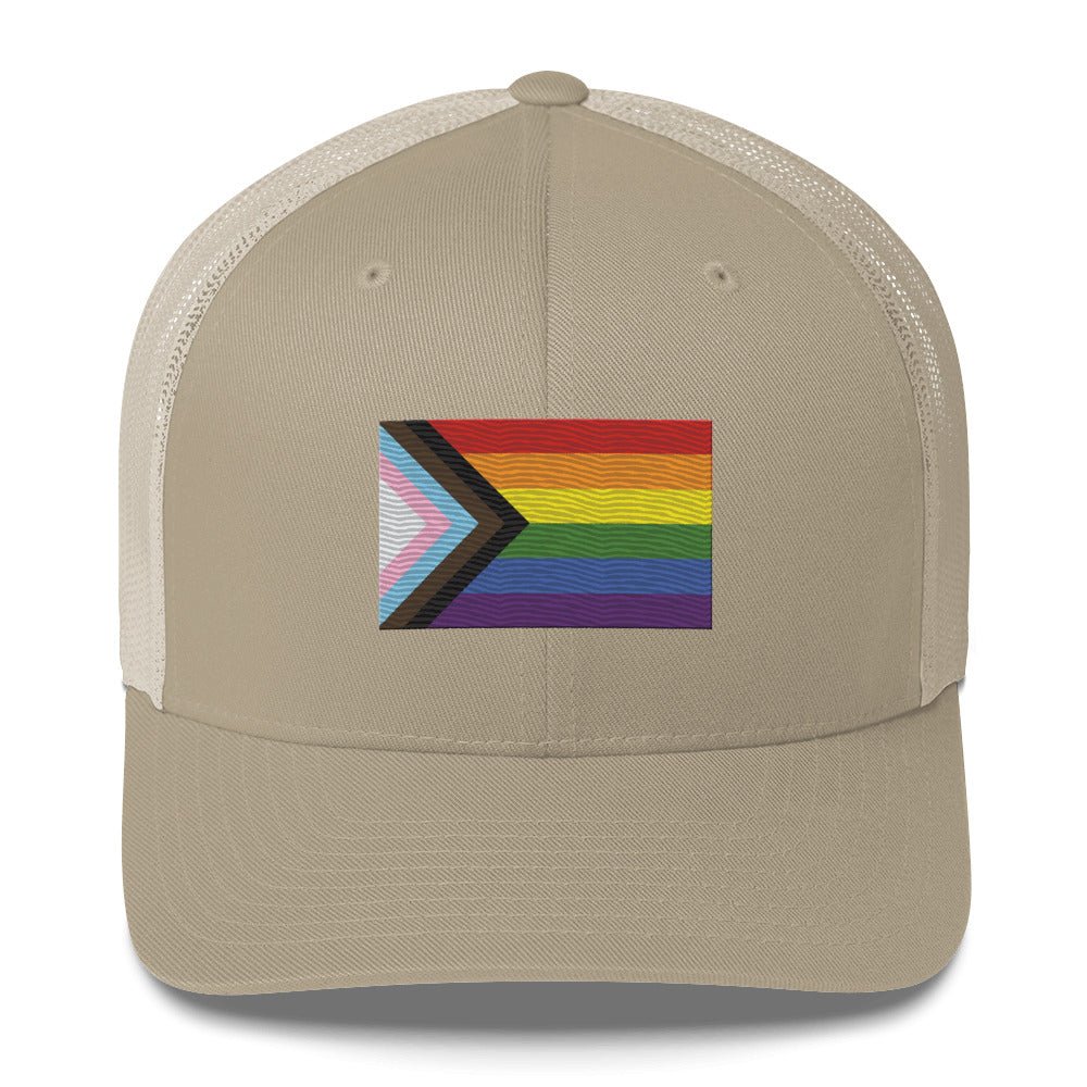 Progress Pride Flag Trucker Hat - Khaki - LGBTPride.com