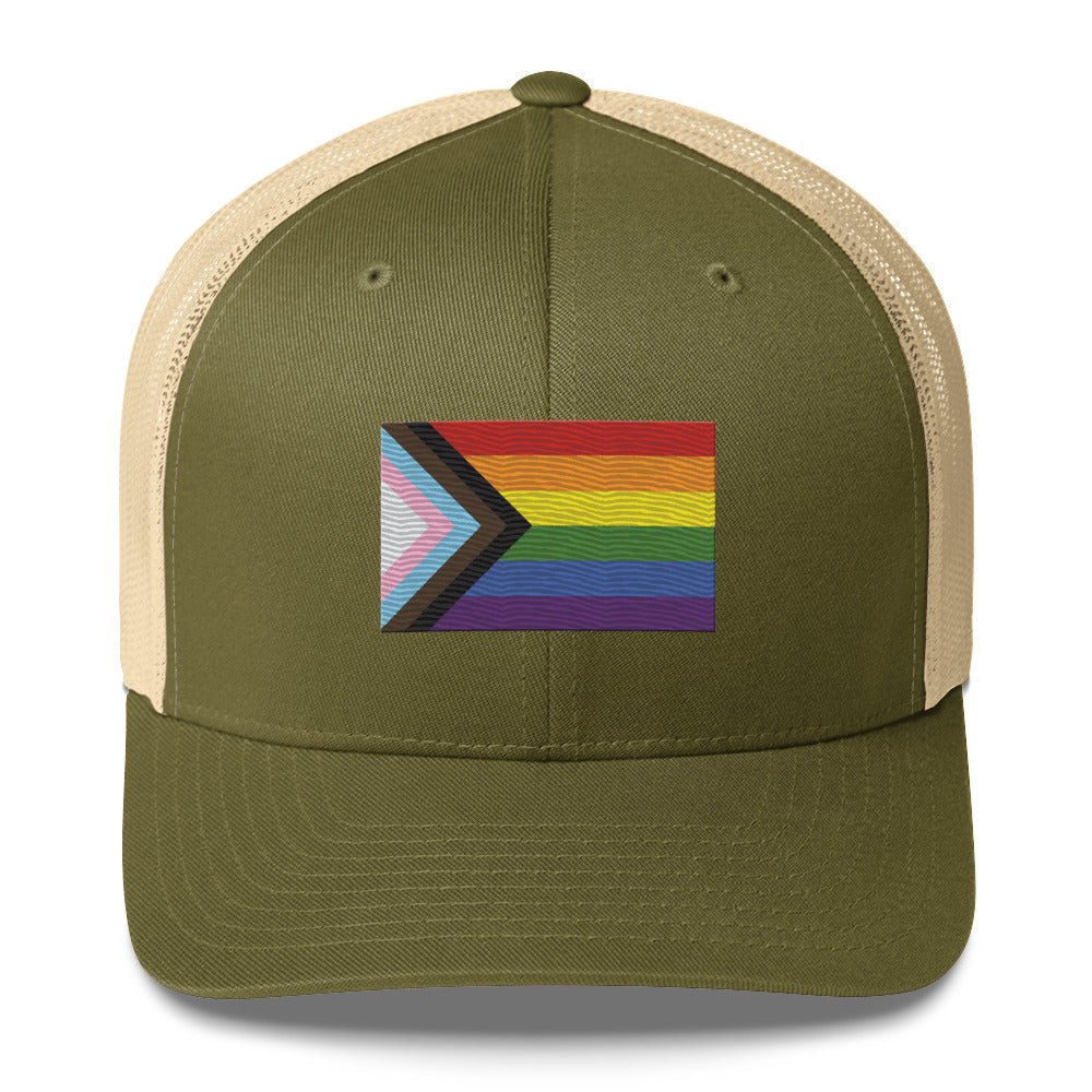 Progress Pride Flag Trucker Hat - Moss/ Khaki - LGBTPride.com