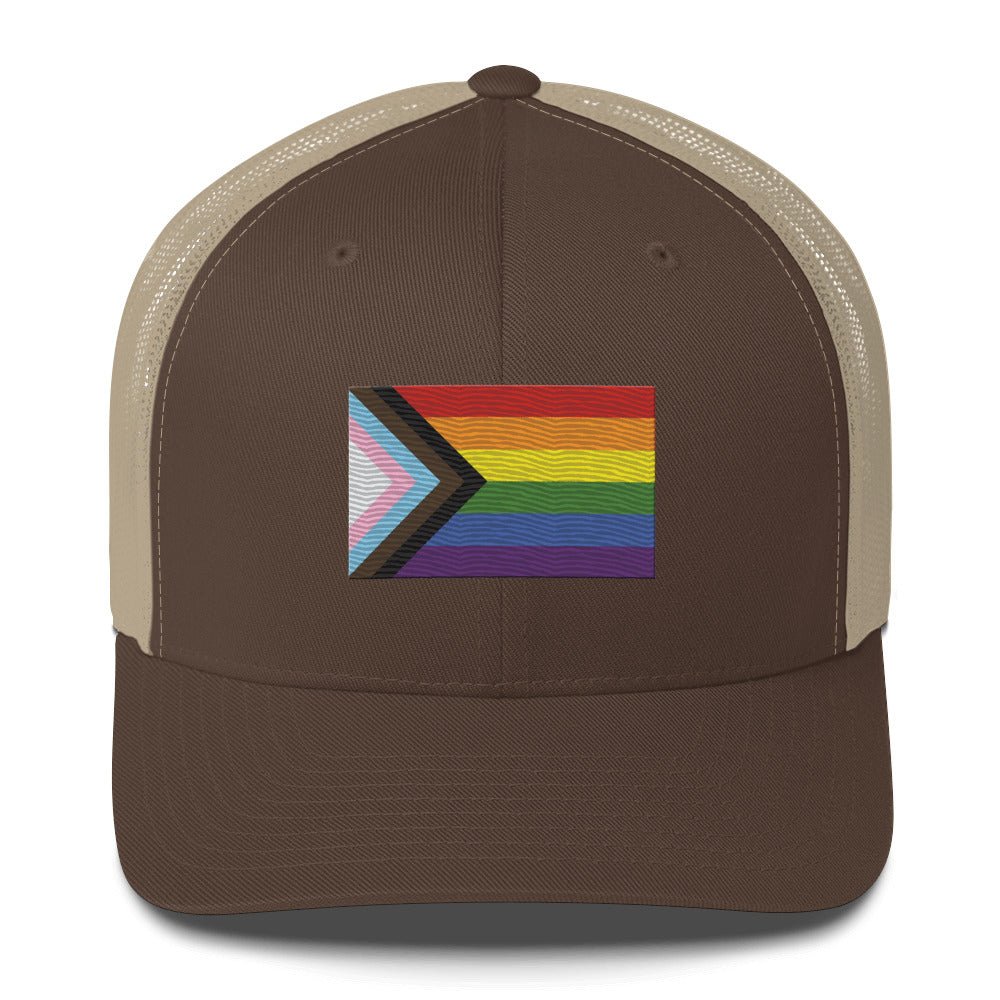 Progress Pride Flag Trucker Hat - Brown/ Khaki - LGBTPride.com