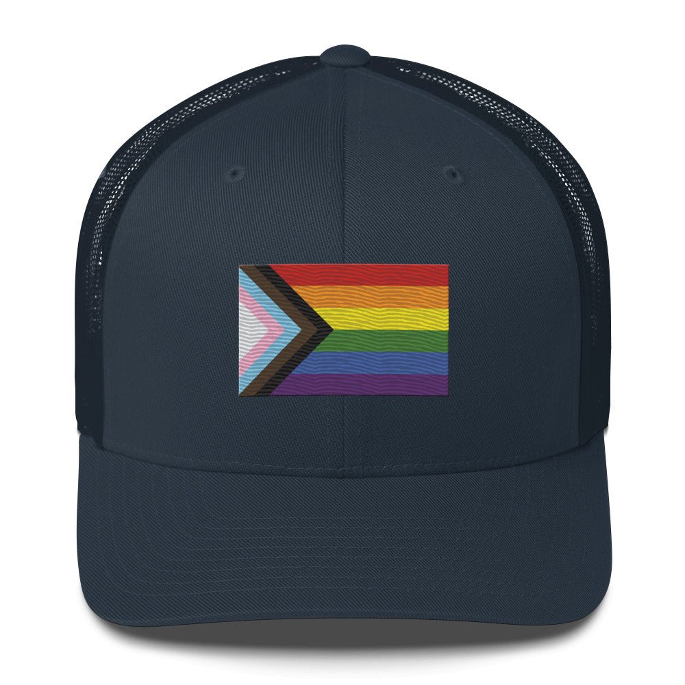 Progress Pride Flag Trucker Hat - Navy - LGBTPride.com