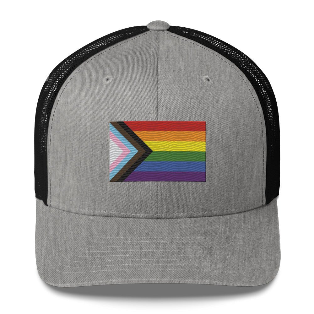 Progress Pride Flag Trucker Hat - Heather/ Black - LGBTPride.com