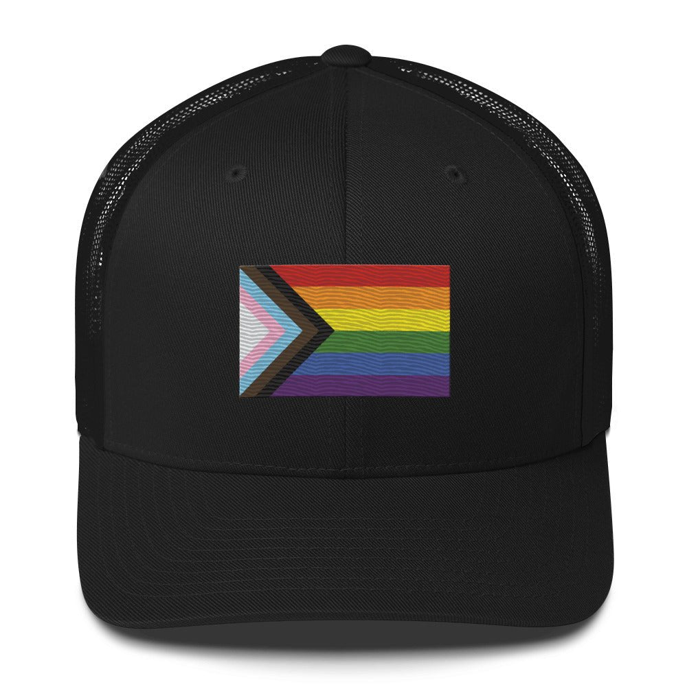 Progress Pride Flag Trucker Hat - Black - LGBTPride.com