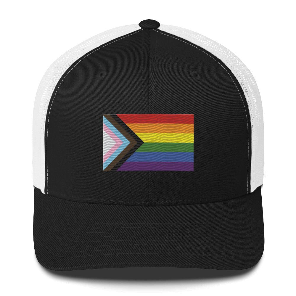 Progress Pride Flag Trucker Hat - Black/ White - LGBTPride.com